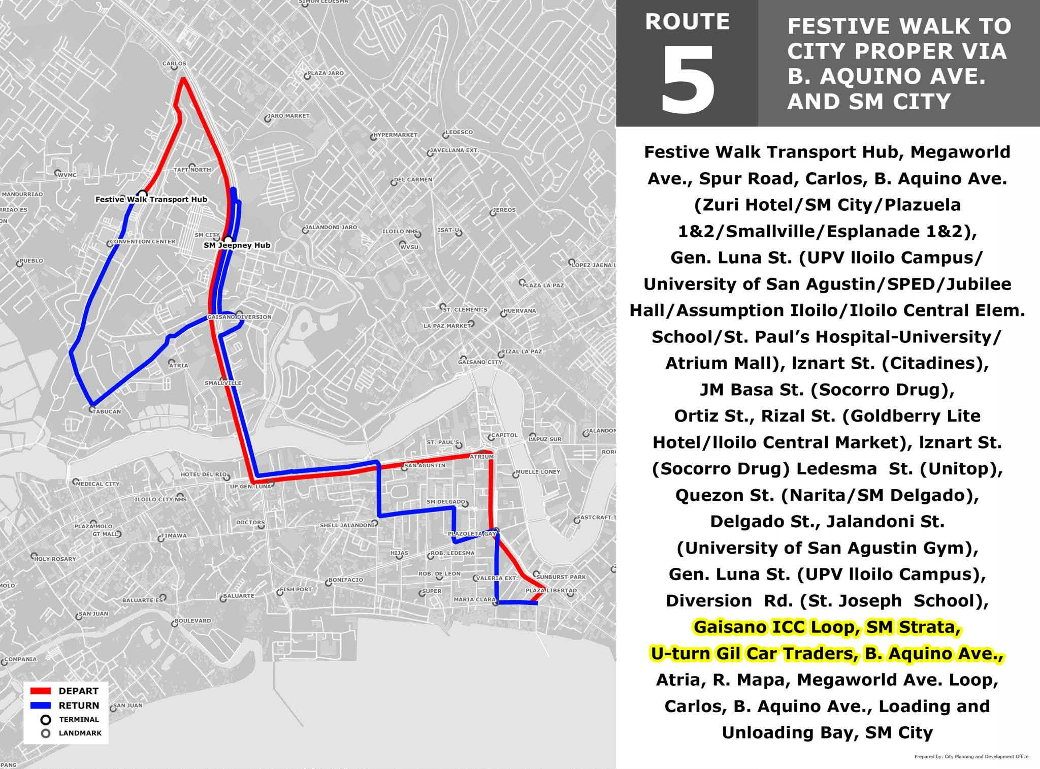 ROUTE 5: FESTIVE WALK TO CITY PROPER VIA B. AQUINO AVE. AND SM CITY