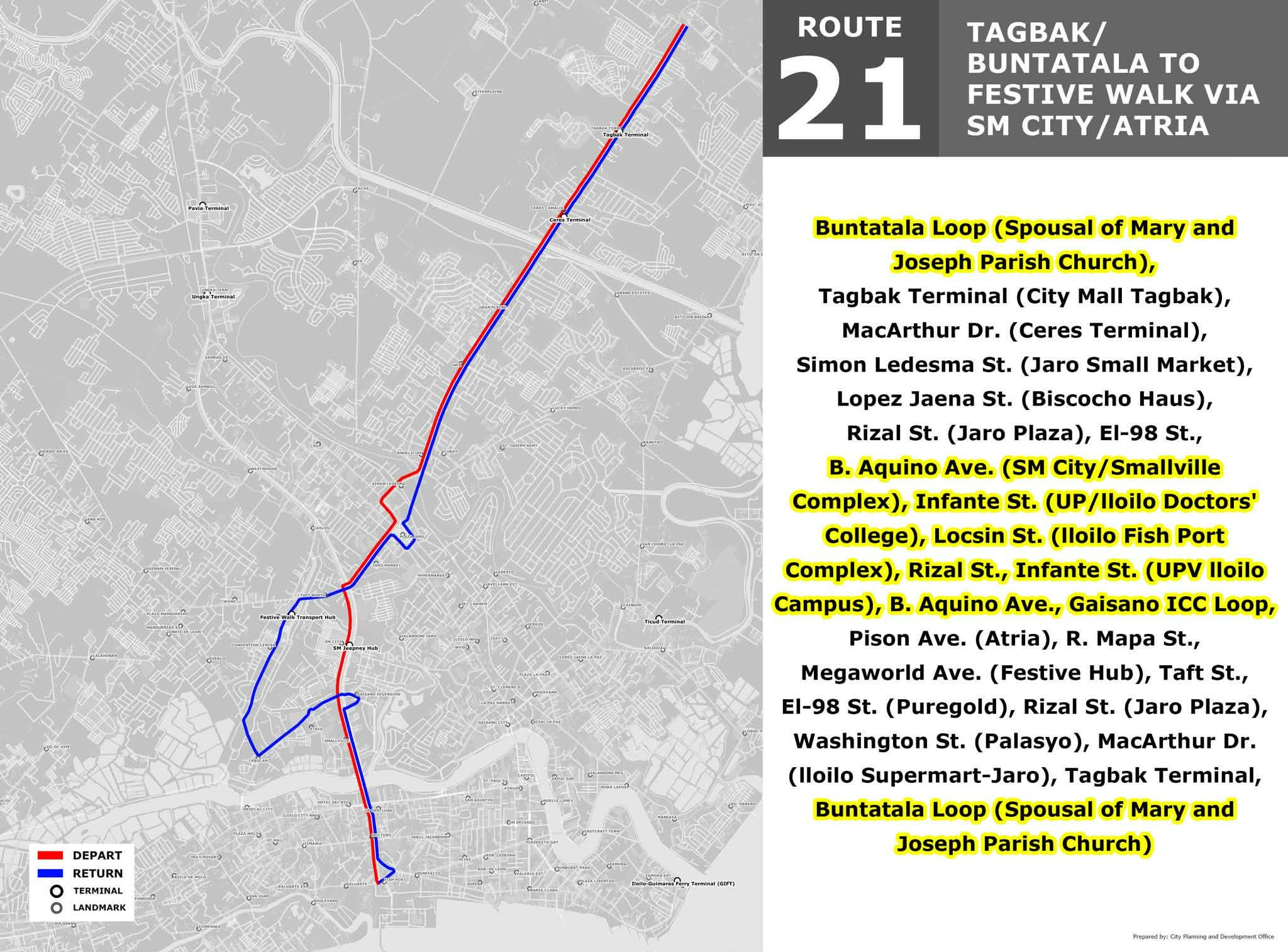 ROUTE 21: TAGBAK / BUNTATALA TO FESTIVE WALK VIA SM CITY / ATRIA
